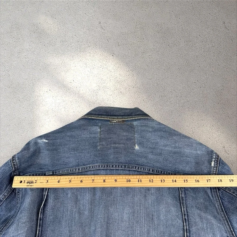 True Religion Jacket Mens XL Kyle Buckle Back Denim Snap Trucker‎ Distressed